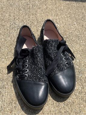 Avec Les Filles Black Tweed & Leather Ribbon Lace-Up Sneakers